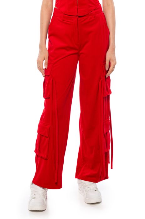 STYLIST WIDE LEG VELVET CARGO PANTS IN RED