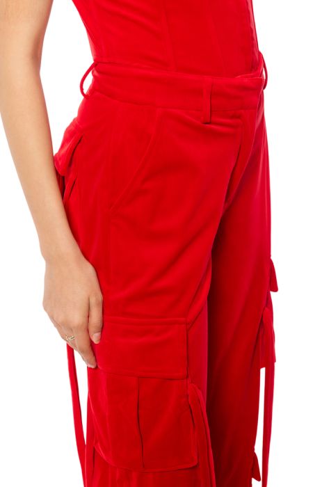 STYLIST WIDE LEG VELVET CARGO PANTS IN RED