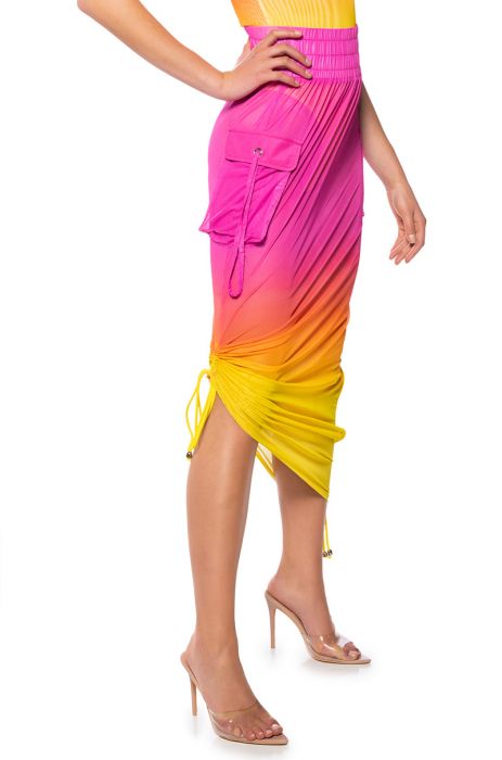 SUNRISE OMBRE MESH ADJUSTABLE MIDI SKIRT IN PINK MULTI