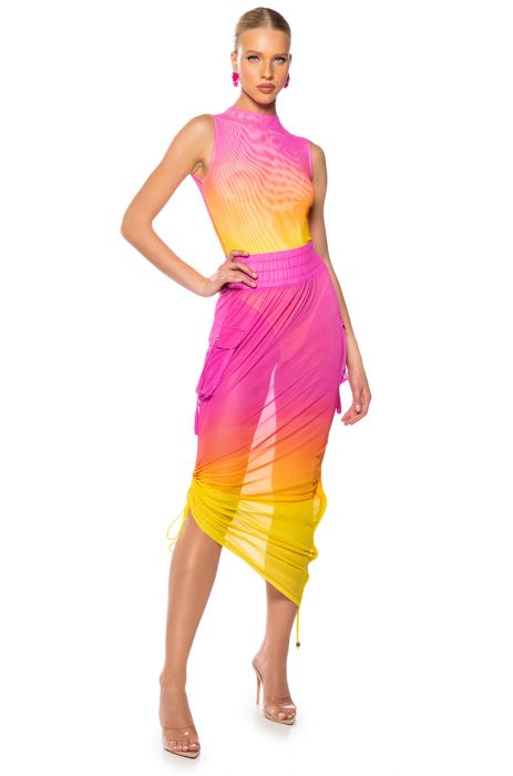 SUNRISE OMBRE MESH ADJUSTABLE MIDI SKIRT IN PINK MULTI