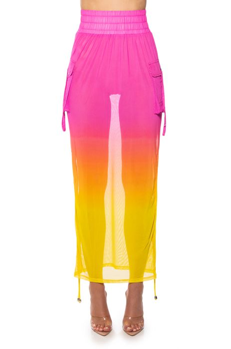 SUNRISE OMBRE MESH ADJUSTABLE MIDI SKIRT IN PINK MULTI
