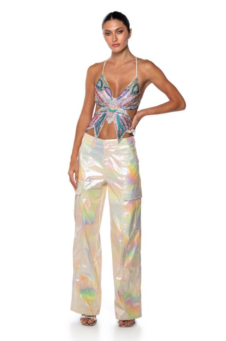 SUPER ASTRONOMICAL WIDE LEG IRIDESCENT CARGO PANT IN SILVER