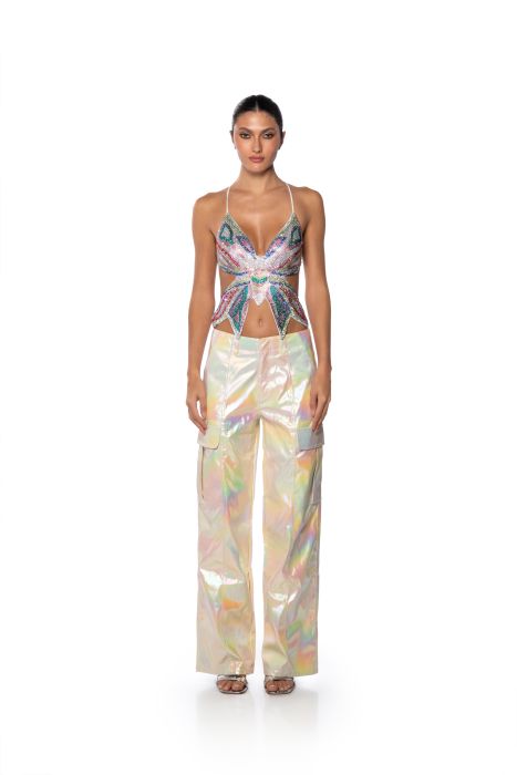 SUPER ASTRONOMICAL WIDE LEG IRIDESCENT CARGO PANT IN SILVER