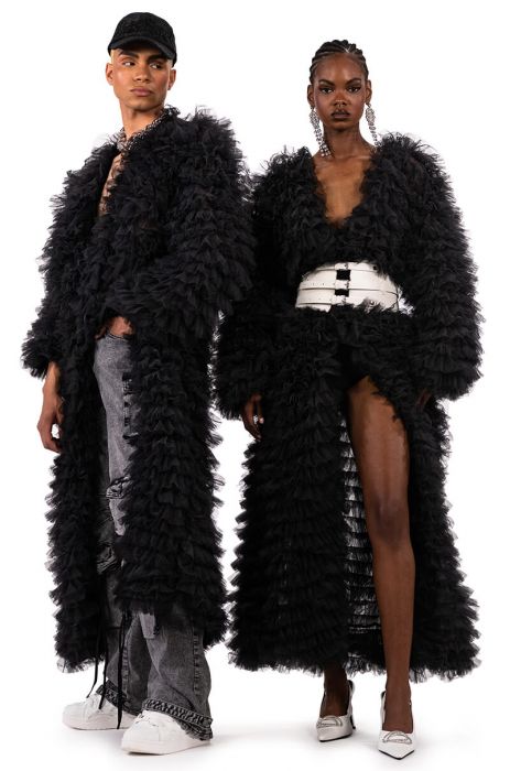 TAKE A BOW AVANT GARDE RUFFLE TRENCH IN BLACK