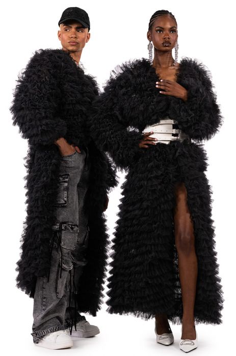 TAKE A BOW AVANT GARDE RUFFLE TRENCH IN BLACK
