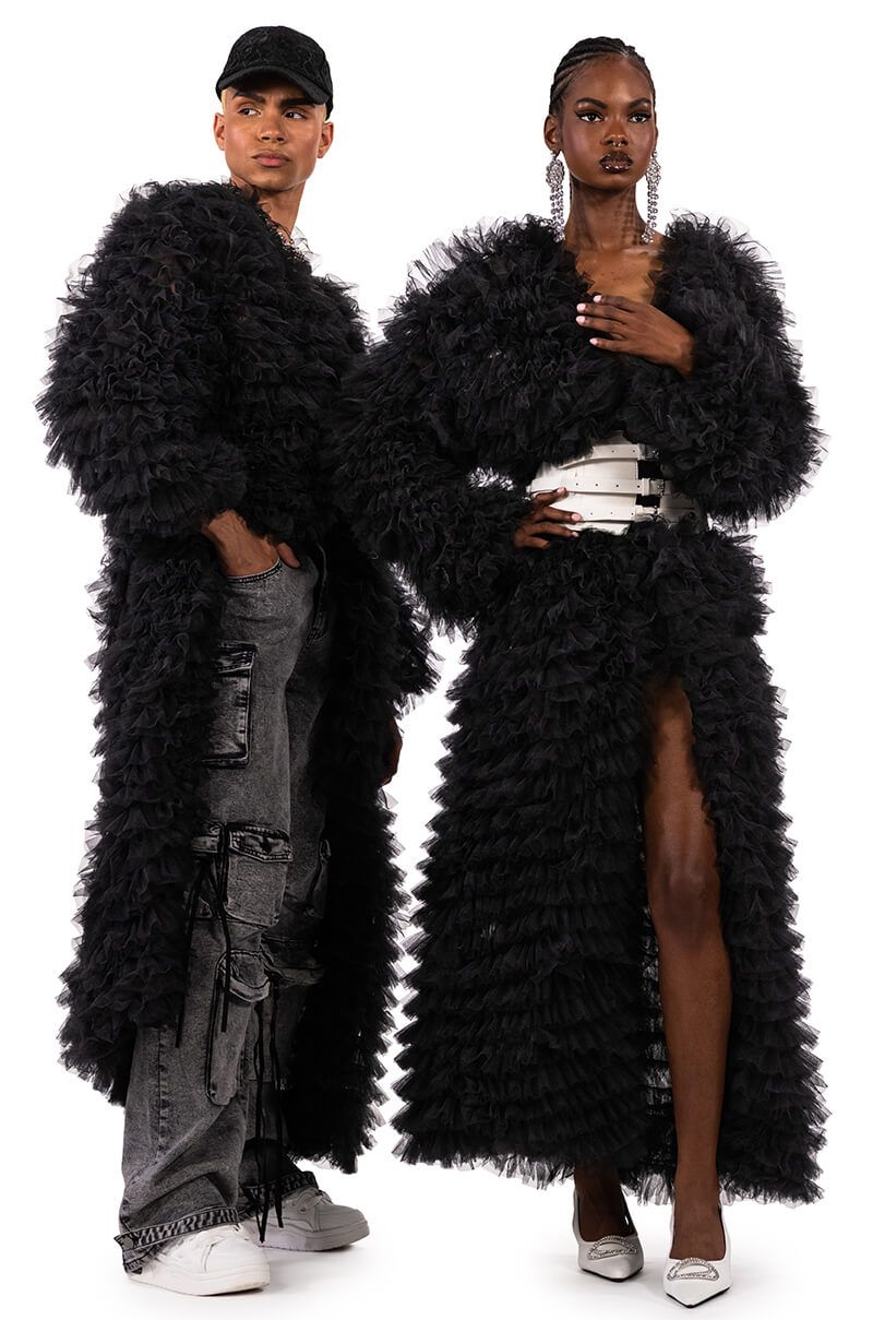 TAKE A BOW AVANT GARDE RUFFLE TRENCH IN BLACK