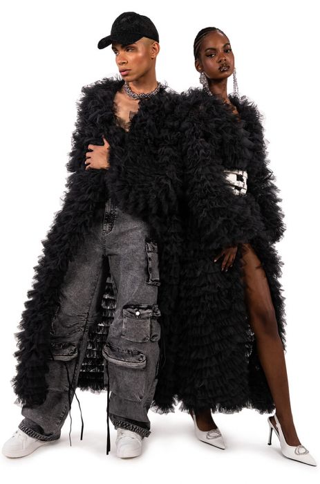 TAKE A BOW AVANT GARDE RUFFLE TRENCH IN BLACK