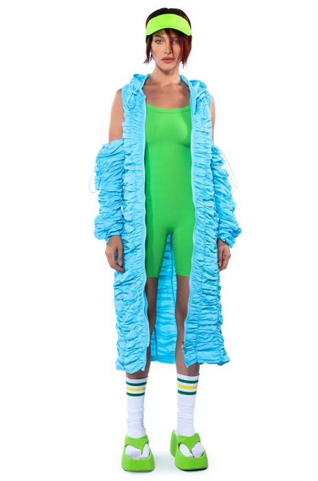 TAKE MY LEAD COLD SHOULDER NYLON TRENCH DRESS IN BLUE