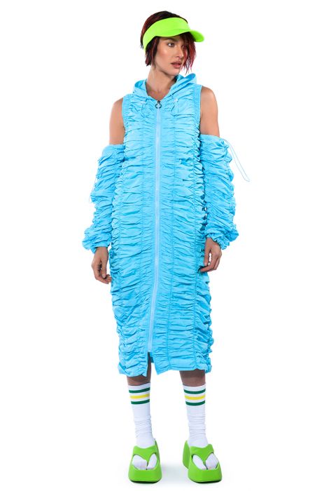 TAKE MY LEAD COLD SHOULDER NYLON TRENCH DRESS IN BLUE