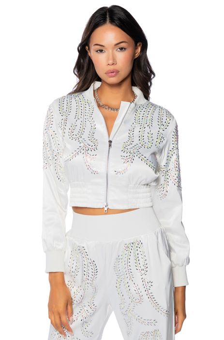 TALK FAST EMBELLISHED SATIN BOMBER in white