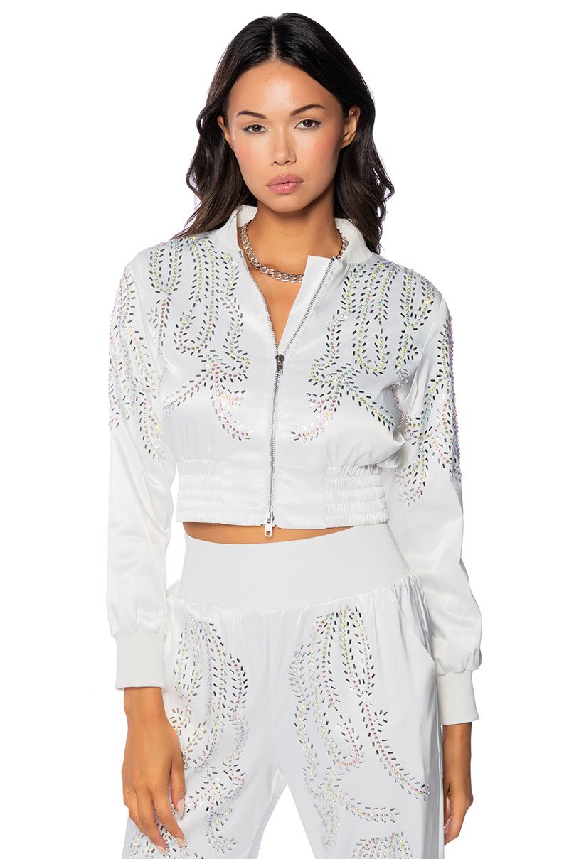 TALK FAST EMBELLISHED SATIN BOMBER in white