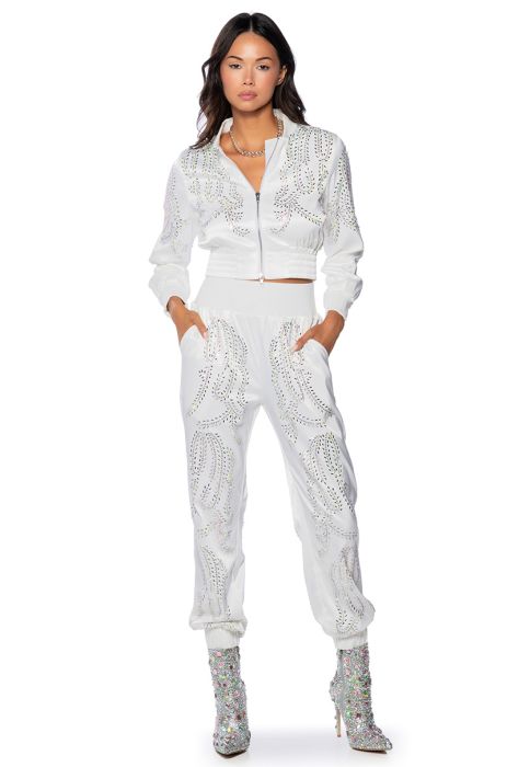 TALK FAST EMBELLISHED SATIN BOMBER in white
