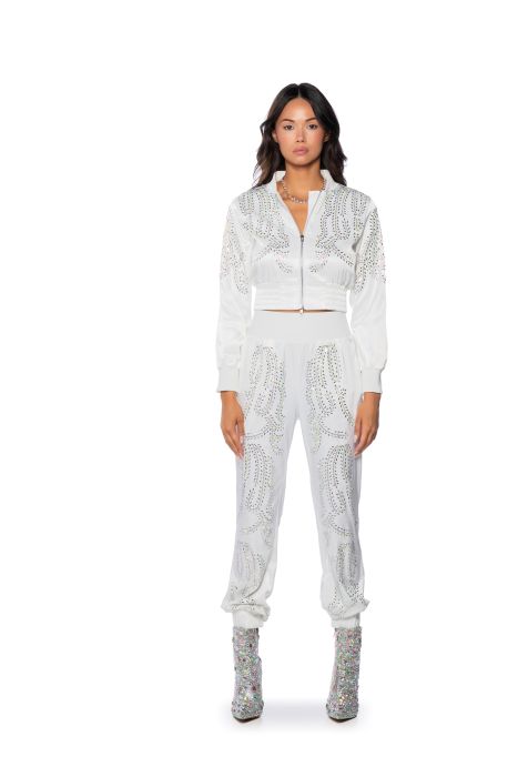 TALK FAST EMBELLISHED SATIN BOMBER in white