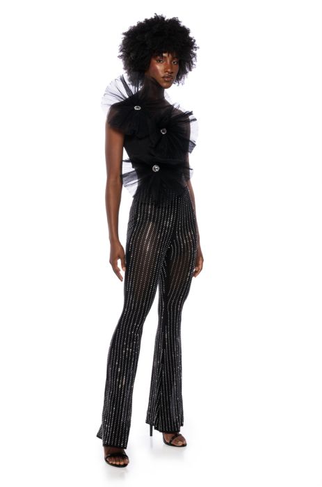 TAMERA RHINESTONE MESH FLARE PANT in black silver
