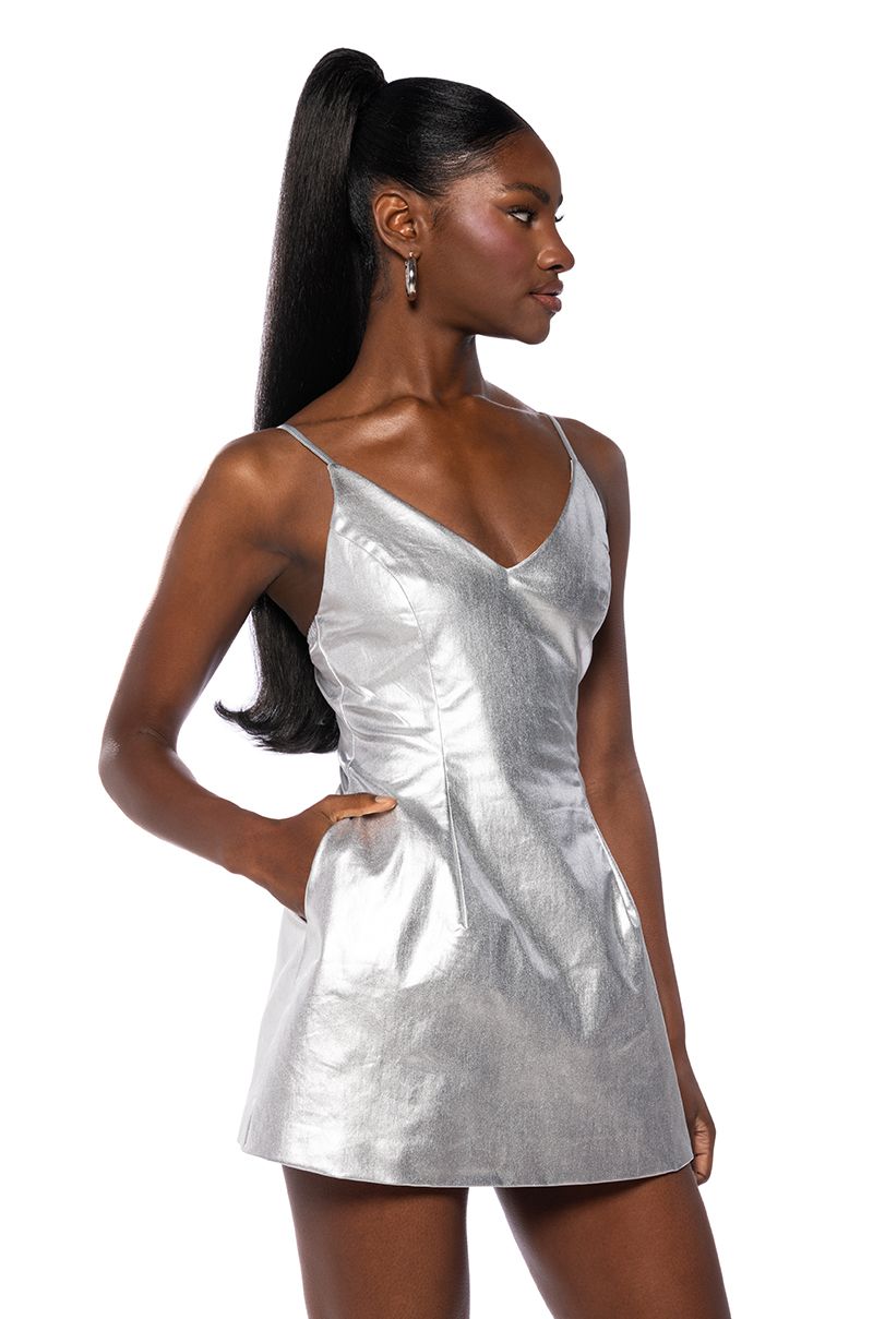 THE GREAT ESCAPE METALLIC SILVER MINI DRESS IN SILVER
