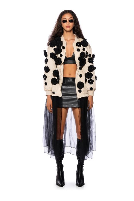 THE LUXE LIFE SEQUIN FLOWERS MAXI BOMBER TRENCH in beige multi