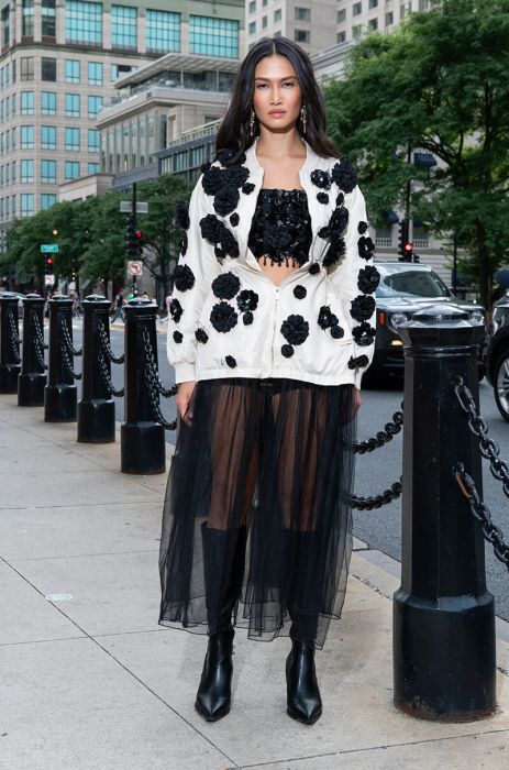 THE LUXE LIFE SEQUIN FLOWERS MAXI BOMBER TRENCH in beige multi
