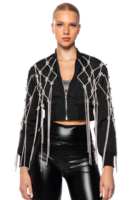 TWIRL FOR ME KNOTTED RHINESTONE ROPE CROP BOMBER in black