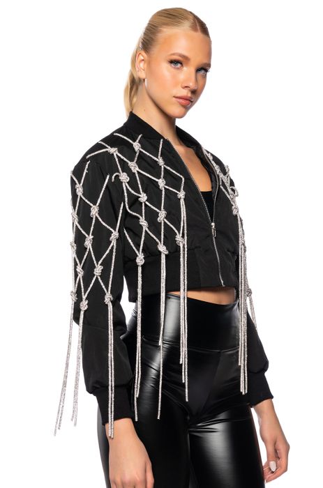 TWIRL FOR ME KNOTTED RHINESTONE ROPE CROP BOMBER in black
