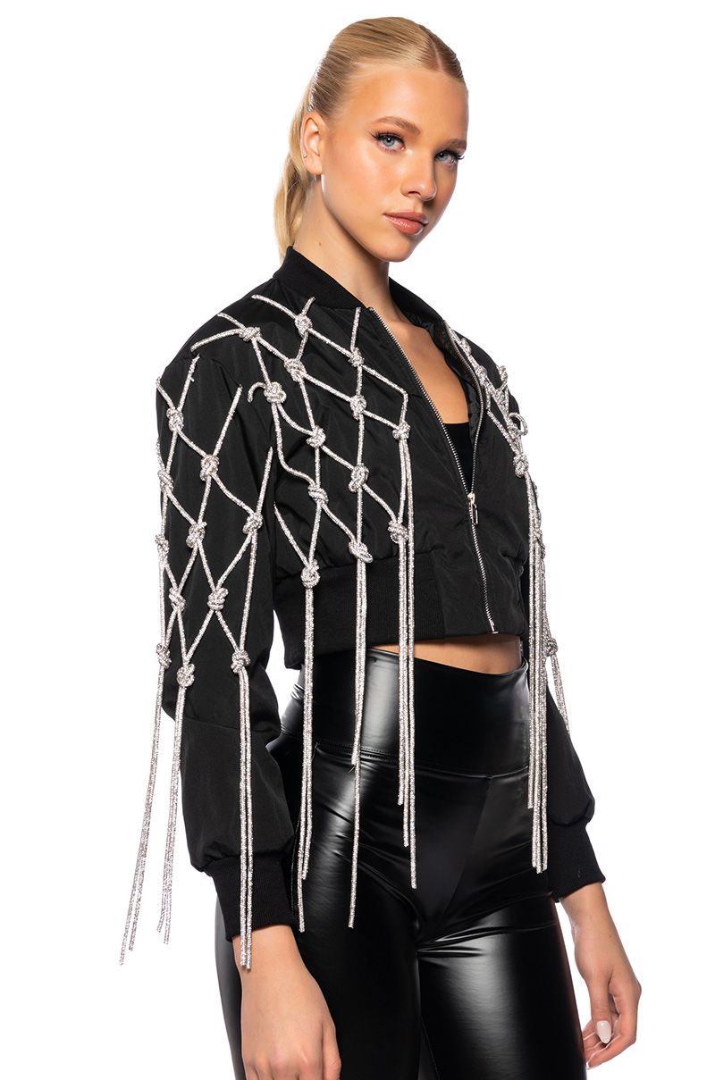 TWIRL FOR ME KNOTTED RHINESTONE ROPE CROP BOMBER in black