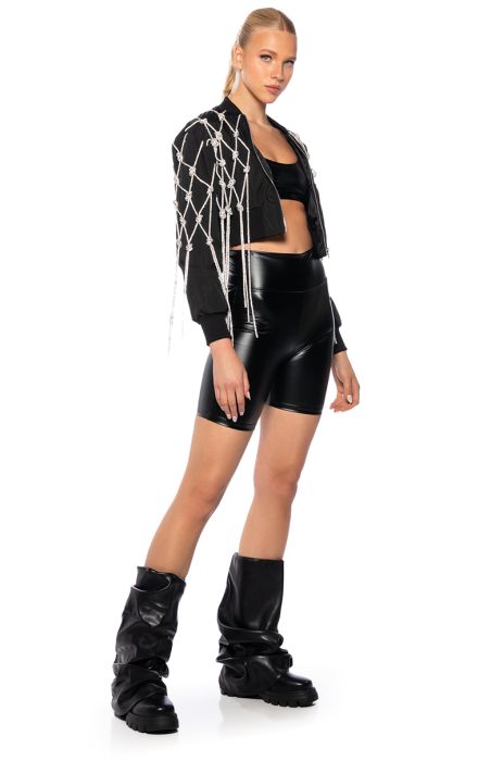 TWIRL FOR ME KNOTTED RHINESTONE ROPE CROP BOMBER in black