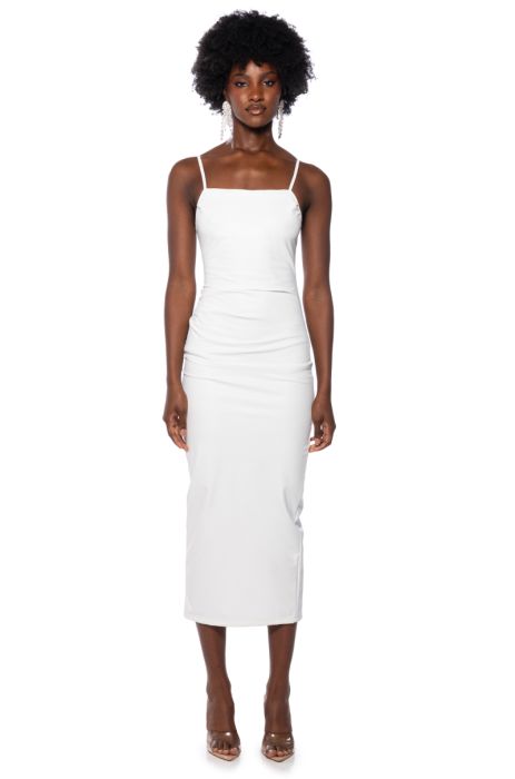 UP TO NO GOOD SLEEVELESS FAUX LEATHER MIDI DRESS WITH 4 WAY STRETCH in black