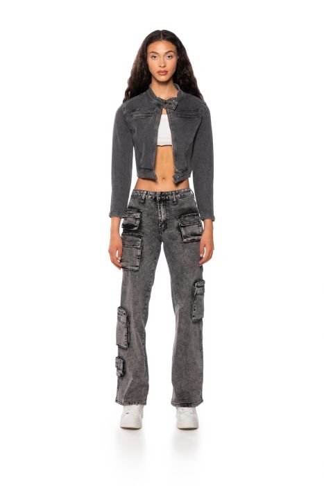 ON THE GO WASHED GREY DENIM MOTO JACKET IN CHARCOAL