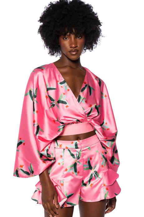 WE MEET AGAIN SATIN FLOUNCE SHORTS in pink multi