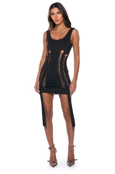 WORST BEHAVIOR DISTRESSED MINI DRESS in black