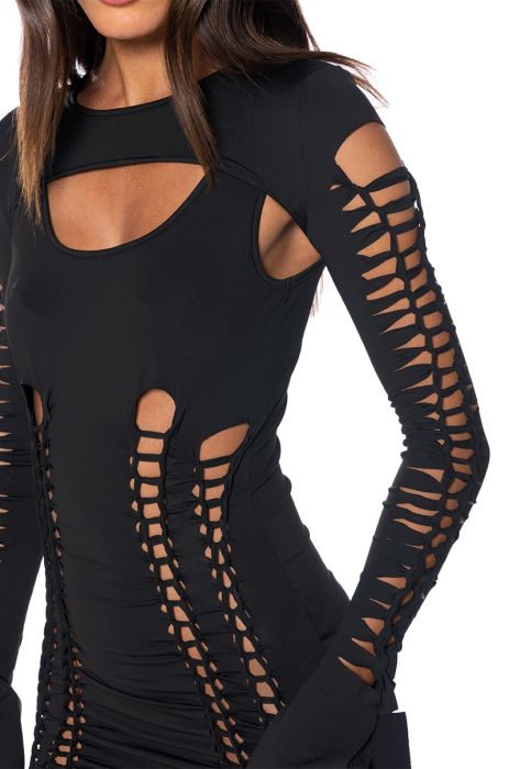 WORST BEHAVIOR DISTRESSED MINI DRESS in black