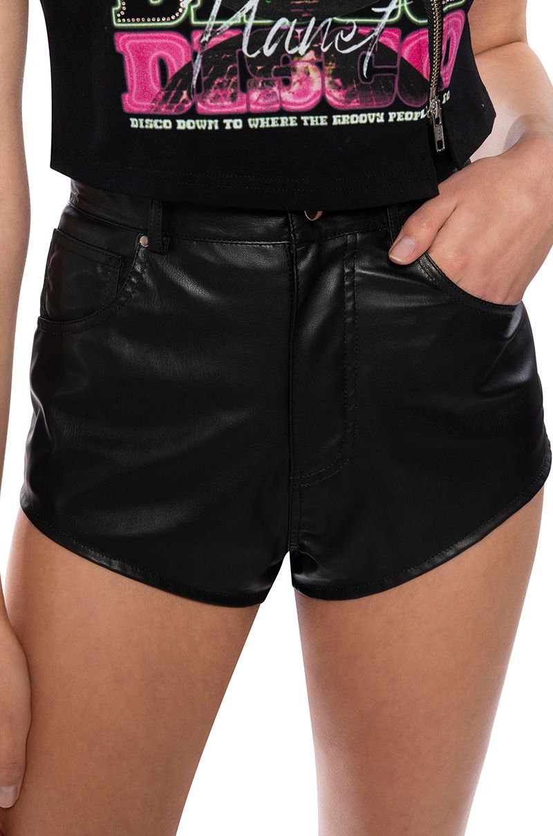 WRECKING BALL FAUX LEATHER HIGH WAIST SHORT IN BLACK