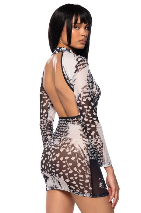 WRITTEN UNDER THE STARS MESH MINI DRESS IN BLACK WHITE