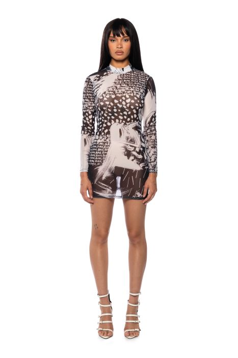 WRITTEN UNDER THE STARS MESH MINI DRESS IN BLACK WHITE