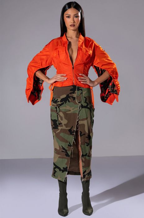 YOUR MOVE FITTED CORSET BOMBER WITH ADJUSTABLE SIDE LACE UP DETAILING IN ORANGE