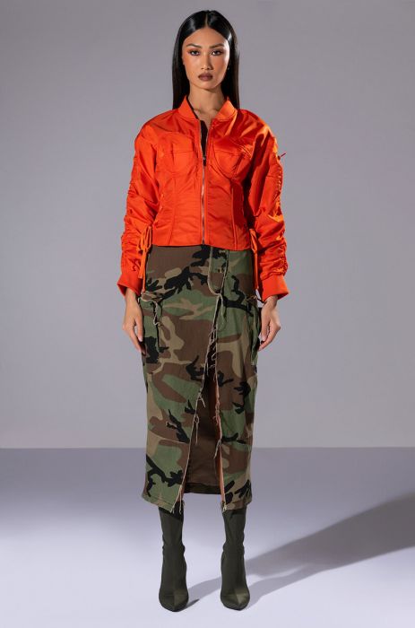 YOUR MOVE FITTED CORSET BOMBER WITH ADJUSTABLE SIDE LACE UP DETAILING IN ORANGE